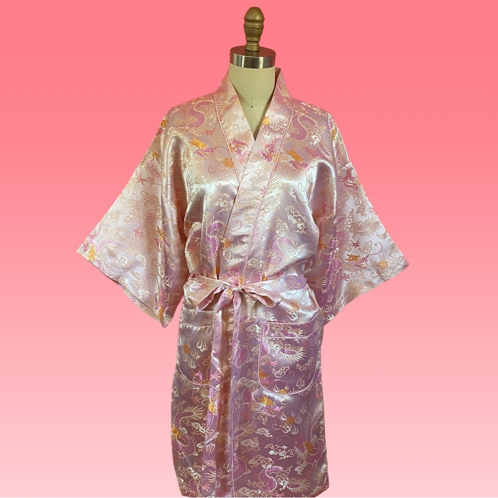 STUNNING Chinoiserie Dragon Satin Brocade Pink Orange Sherbet Midi Kimono Robe M